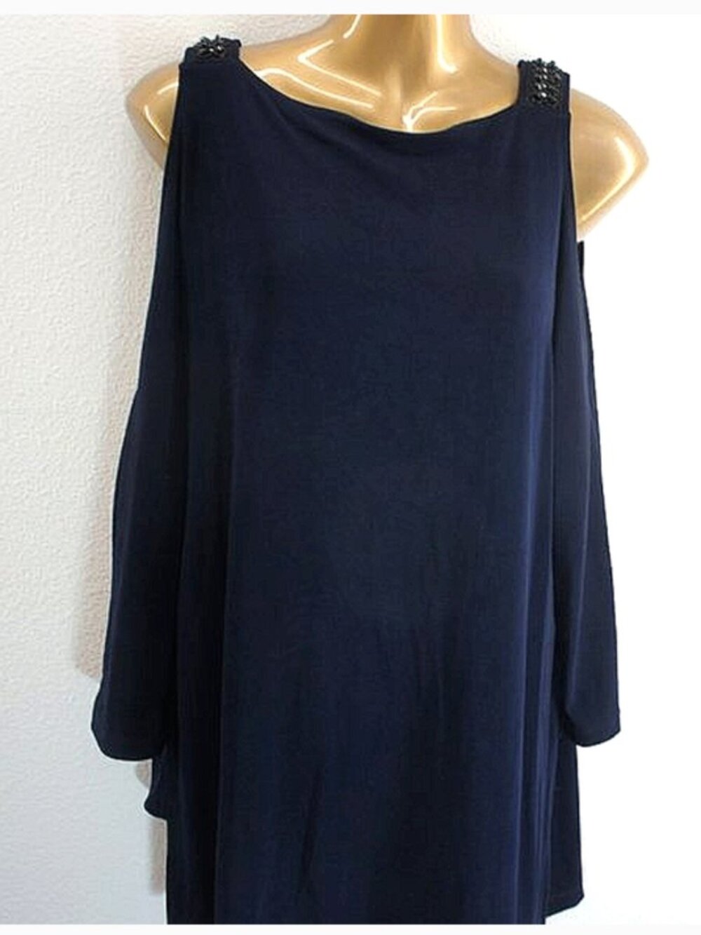 Chico's Travelers Navy Cold-Shoulders Embellished Tunic Top size 1
